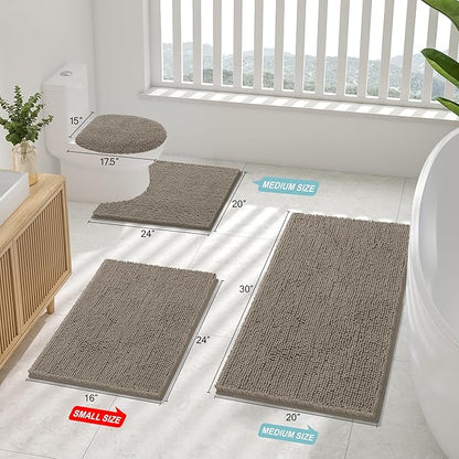 Smiry Luxury Chenille Bathroom Rugs 30x20, Extra Soft and Absorbent Shaggy Bath Mat, Machine Washable, Non-Slip Plush Carpet Runner for Tub, Shower, and Floor, Home Decor Accessories, Latte