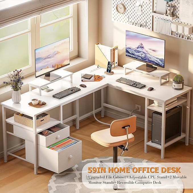 Furologee White 59” L Shaped Desk with Power Outlet, Reversible Computer Desk with File Drawer & 2 Monitor Stands, Corner Home Office Table with Storage Shelves for Gaming Writing