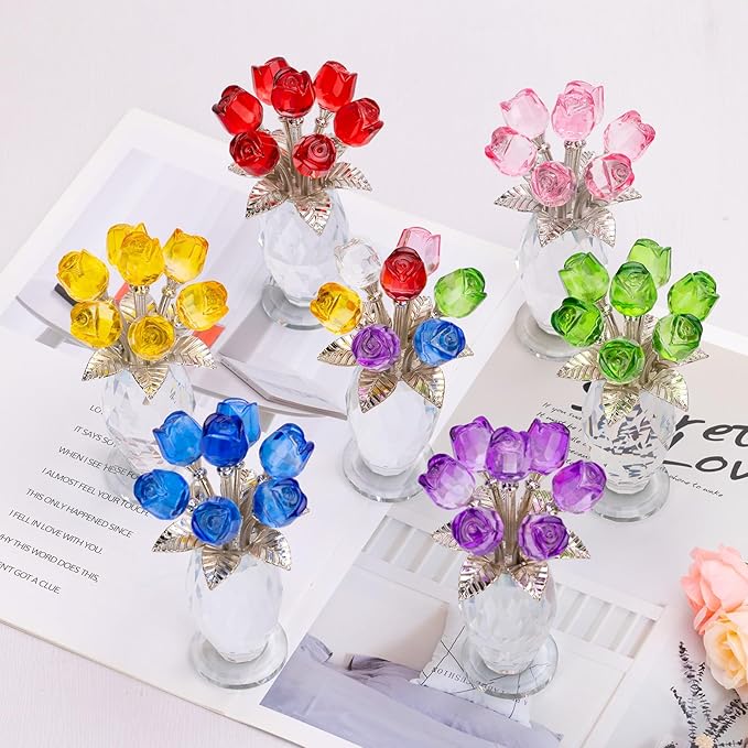 Glass Rose Flowers, Crystal Glass Figurines Rose Decorations for Home Gifts for Mom Wife Grandma, Crystal Flowers Collectible Ornament Mother's Day Thanksgiving Anniversary Birthday Gifts (Rainbow)