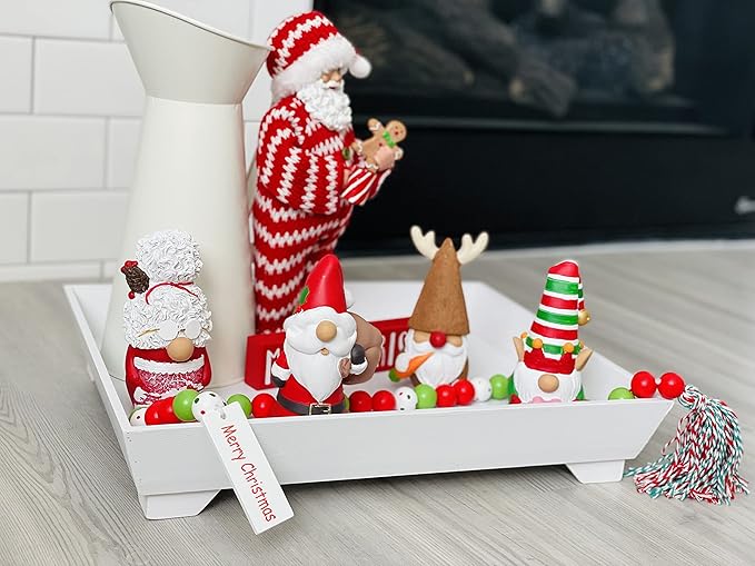 Madanar Resin Christmas Gnomes 4 Piece Set Tiered Tray Shelf Kitchen Table Holiday Decorations - Elf, Santa, Mrs. Claus, & Reindeer (Christmas)