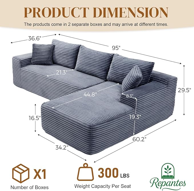 95" L Shaped Boneless Sectional Couches, Wide Armrest, Deep Seat, Memory Foam, Assembly Free, Modern Comfy Corduroy Fluffy Cloud Sofa with Right Chaise for Living Room, Small Spaces, Grey
