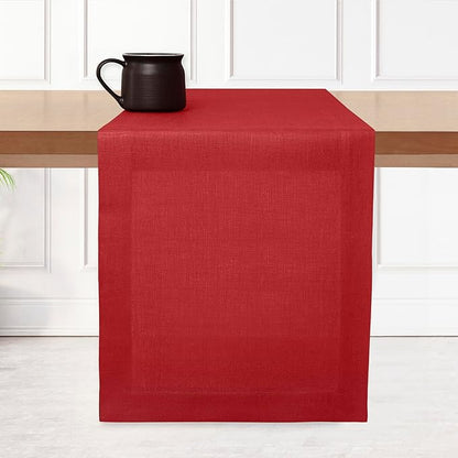 D'Moksha Homes Linen Table Runner 48 Inches - 100% Pure Linen Bright Red Table Runner 14 x 48 Inch for Coffee Tables, Dresser, Winter, Christmas, Holiday - Machine Washable