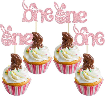 Ephlyn 24 Pcs Pink Glitter Cupcake Toppers - Happy Easter & Birthday Cake Decorations for Spring Parties