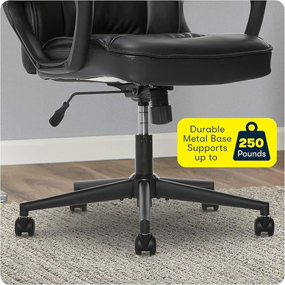 Serta Hannah Executive Home Office Desk Chair, Ergonomic Mid-Back with Lumbar Support, Firm Seat Cushion, Layered Body Pillows, Padded Armrests, Swivel Base, Easy Assembly, Bonded Leather, Black