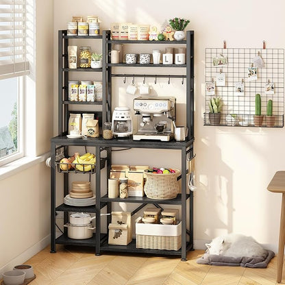 SNTD Baker Rack with Power Outlet - Microwave Stand with Storage, Large Coffee Bar Station with 14 Hooks, Metal Kitchen Shelf Rack for Spices, Pots (Rustic Black)