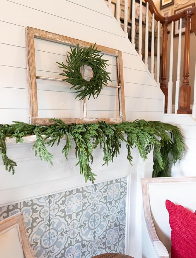 Hanging 6 ft Real Touch Norfolk Pine Garland Realistic 6ft, Christmas Garland for Mantle, Soft and Bendable Real Touch Garland Christmas Greenery, Evergreen Christmas Garlands for Fireplace, Stairs
