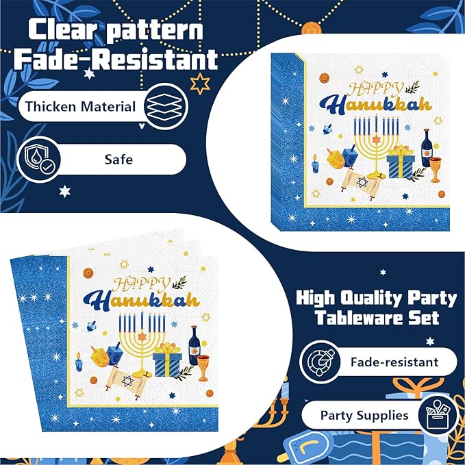 Hanukkah Plates and Napkins Set, Blue White Jewish Party Supplies for 24 Guests - Includes Disposable Paper Plates, Napkins, Cups & Cutlery for Hanukkah Decorations