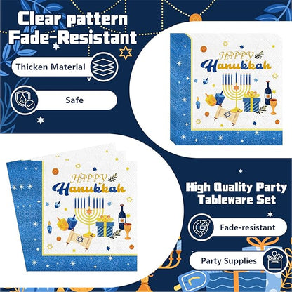 Hanukkah Plates and Napkins Set, Blue White Jewish Party Supplies for 24 Guests - Includes Disposable Paper Plates, Napkins, Cups & Cutlery for Hanukkah Decorations