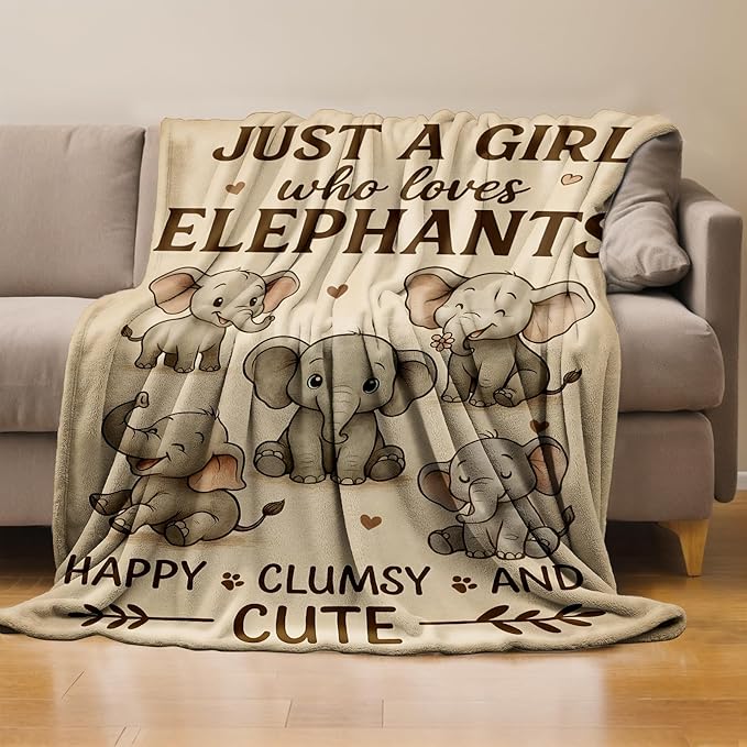 Elephant Throw Blanket Gifts for Boys Girls Kids Adults, Just a Girl Who Loves Elephants Flannel Blankets for Travel Sofa Living Room Decor 40"x50"