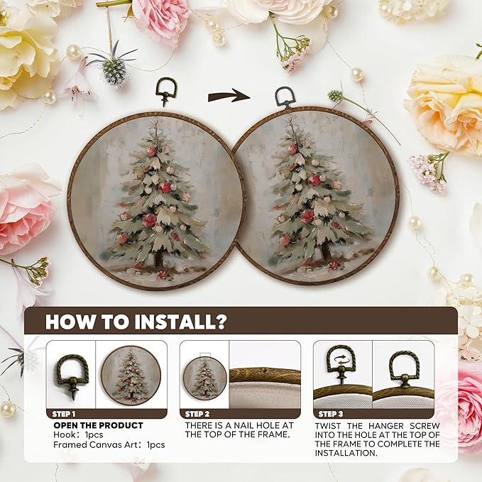 MOTERMATE Vintage Christmas Tree Wall Art Decor Round Framed, Christmas Canvas Wall Art Artwork Prints, Winter Xmas Tree Holiday Hanging Decor Decorations for Home Bedroom Living Room, 10x10 Inch