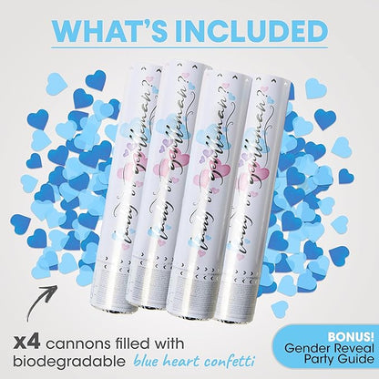 PrimePure Gender Reveal Confetti Cannon - Biodegradable Heart Shaped Confetti Poppers - Blue, 4 Pack - Baby Boy Gender Reveal Party Poppers - Blue Paper Baby Party Supplies Pop Gun