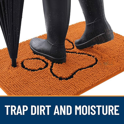 OLANLY Dog Door Mat for Muddy Paws 48x30, Paw Print Design, Absorbs Moisture and Dirt, Absorbent Non-Slip Washable Doormat, Quick Dry Chenille Mud Mat for Dogs, Entry Indoor Entryway Carpet, Clay