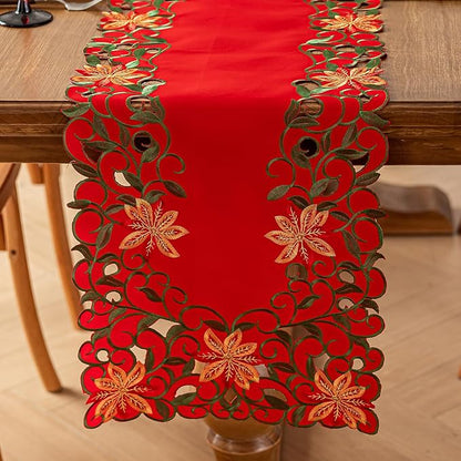 Joyfol Day Christmas Red Flowers Table Runner 14 x 59 Inch, Cutwork Embroidered Florals Table Runners, for Xmas Holiday Winter Festival Kitchen Dining Tabletop Decoration