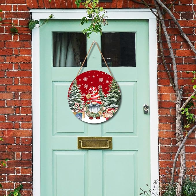 Christmas Gnome Welcome Sign - Merry Christmas Door Hanger, 12'x12' Wooden Hanging Sign for Front Door, Porch Decor, Winter Wreath