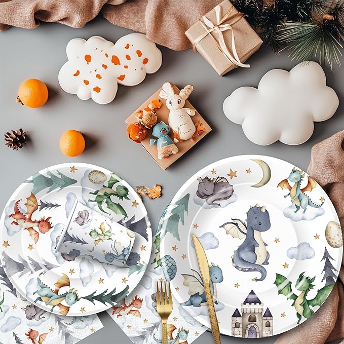 Dragon Birthday Party Supplies, Magic Dragons Party Decorations, Paper Plate, Napkin, Cup, Tablecloth, Cutlery, Magical Dragon Birthday Baby Shower Table Decorations, Serves 24