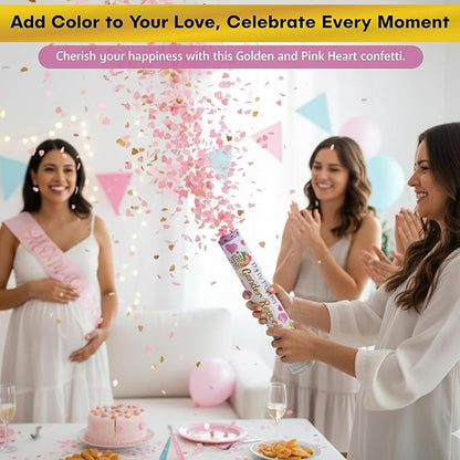 2 Pack Pink Heart-Shaped Confetti Poppers for Baby Gender Reveal | Pink Paper and Gold Mylar Baby Girl Party Supplies