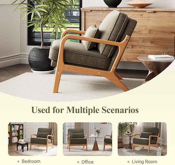 Accent Chair Set of 2 with Solid Wood Frame, Mid-Century Relaxing Armchair Lumbar Pillow& Soft Cushion, Reading Leisure Chair for Living Room, Bedroom, Waiting Room-Green