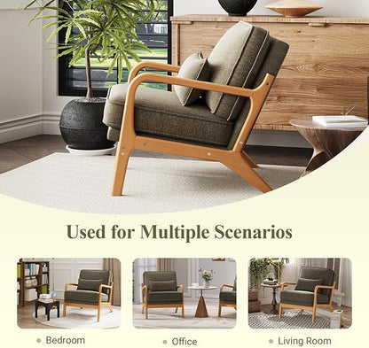 Accent Chair Set of 2 with Solid Wood Frame, Mid-Century Relaxing Armchair Lumbar Pillow& Soft Cushion, Reading Leisure Chair for Living Room, Bedroom, Waiting Room-Green