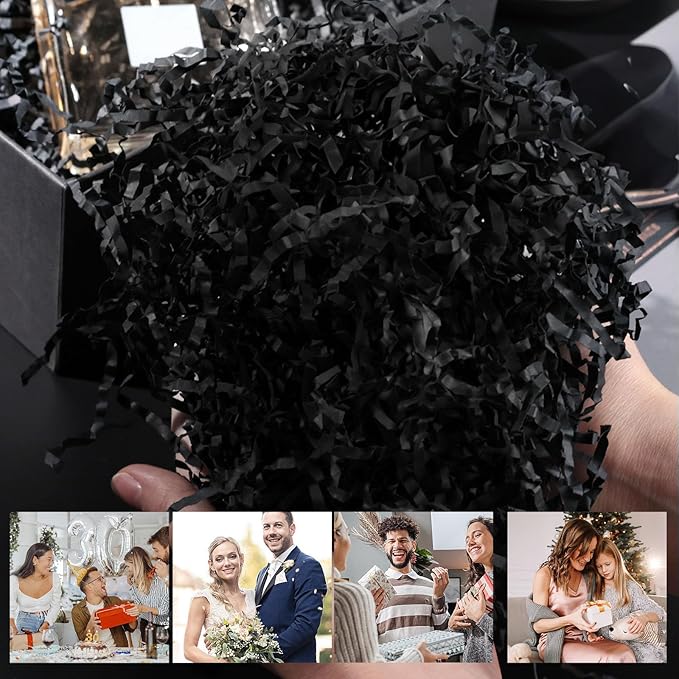 VGOODALL 2LB Black Crinkle Paper Filler, Shredded Confetti Paper for Gift Basket Filling Halloween Christmas Birthday Party Gift Box Wrapping Stuffing Supplies