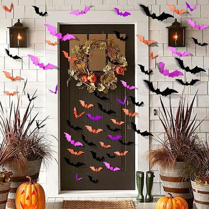 FANDAMEI 140PCS Halloween Bats Wall Decor, Bats Decoration, 5 Sizes 3 Colors Bat Decor Party, 3D Bat Wall Decor for Halloween Indoor Outdoor. Sticky Bats Home, Bat Stickers for Window(140PCS)