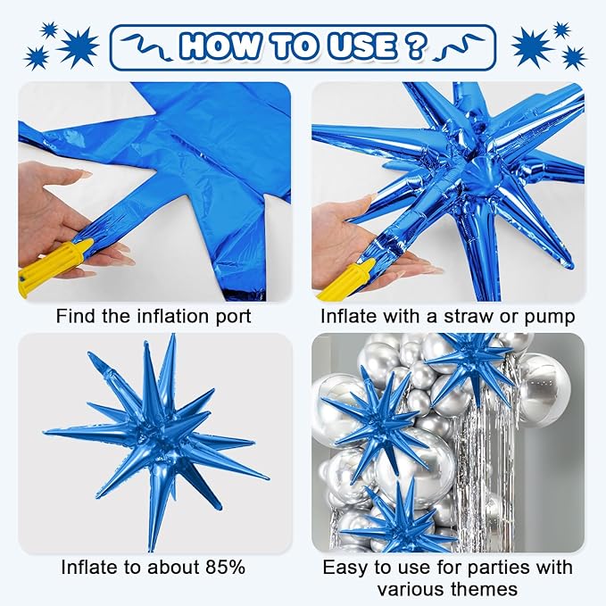 Blue Silver Star Balloons,9Pcs 22Inch Blue Silver Explosion Spike Cone Helium Polyester Film Star Foil Balloons for Birthday Anniversary Baby Shower Disco Party Decorations