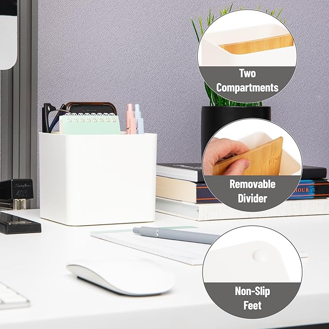 Mind Reader 2-Compartment Desktop Organizer, Removable Wood Divider, Non-Slip Base, Plastic and Wood, White