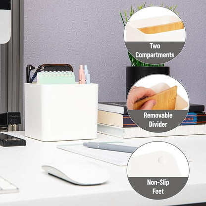 Mind Reader 2-Compartment Desktop Organizer, Removable Wood Divider, Non-Slip Base, Plastic and Wood, White