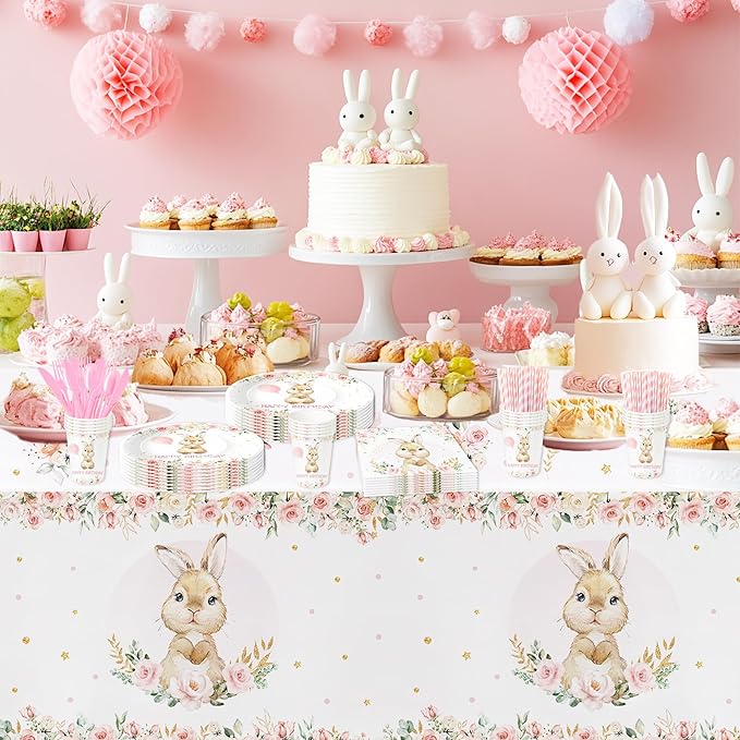 APOWBLS Bunny Birthday Decorations Tableware, Bunny Party Supplies, Paper Plate, Cup, Napkin, Tablecloth, Cutlery, Rabbit Bunny Party Decorations For Easter 1st 2nd Birthday, Serves 24