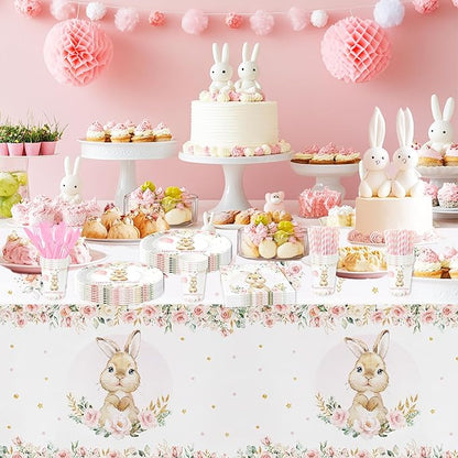 APOWBLS Bunny Birthday Decorations Tablecloth, Disposable Bunny Party Supplies Table Cover for Baby Shower, Easter Rabbit Themed Party Decorations Table Cloth, 3 Pack, 55in x 86in