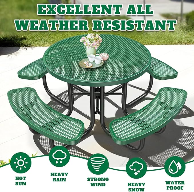 47'' Heavy-Duty Metal Picnic Tables with Umbrella Hole, Outdoor Steel Heavy Duty Commercial Grade Black Table, Outdoor Bench Set for Lawn, Patio, Park, Yard, Garden, Porch (Set B, Round)