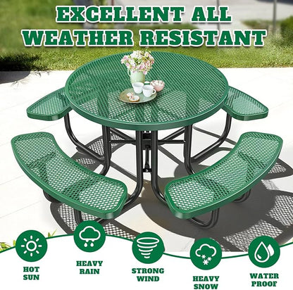 47'' Heavy-Duty Metal Picnic Tables with Umbrella Hole, Outdoor Steel Heavy Duty Commercial Grade Black Table, Outdoor Bench Set for Lawn, Patio, Park, Yard, Garden, Porch (Set B, Round)