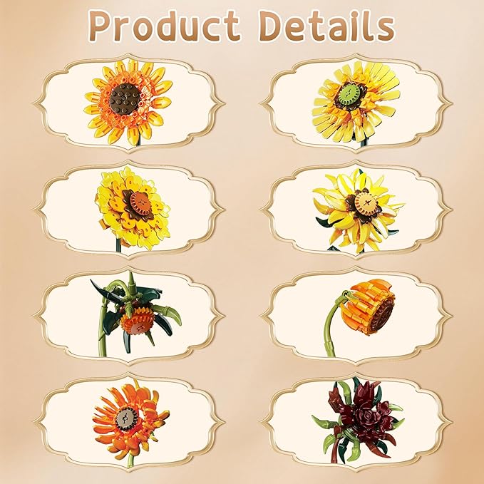 2 in 1 Sunflower Building Blocks Set with Vase, Botanical Collection Artificial Flowers Compatible with Lego for Adults, Gift for Christmas Home Décor Flower Table Centerpiece