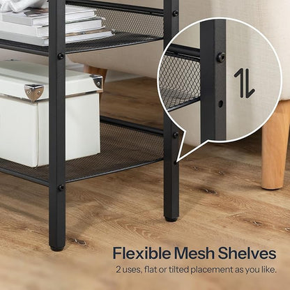 HOOBRO End Table, 3-Tier Narrow Side Table with Charging Station, Nightstand with 2 Flat or Slant Adjustable Shelves for Small Spaces, Living Room, Bedroom, Greige and Black BG23UBZ01G1