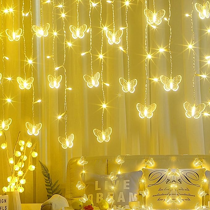 Butterfly Curtain Fairy Lights USB Plug in,120 LED 8 Modes 20FT Firefly Twinkle Icicle String Lights with Remote Timer Waterproof Copper Wire for Bedroom Patio Christmas Wedding Party Dorm(Warm White)