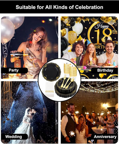 Ciaell 175 PCS Black and Gold Plastic Plates - Black Disposable Dinnerware Set with 50 Plates, 25 Knives, 25 Forks, 25 Spoons, 25 Cups, 25 Napkins for New Year’s Day, Parties and Weddings