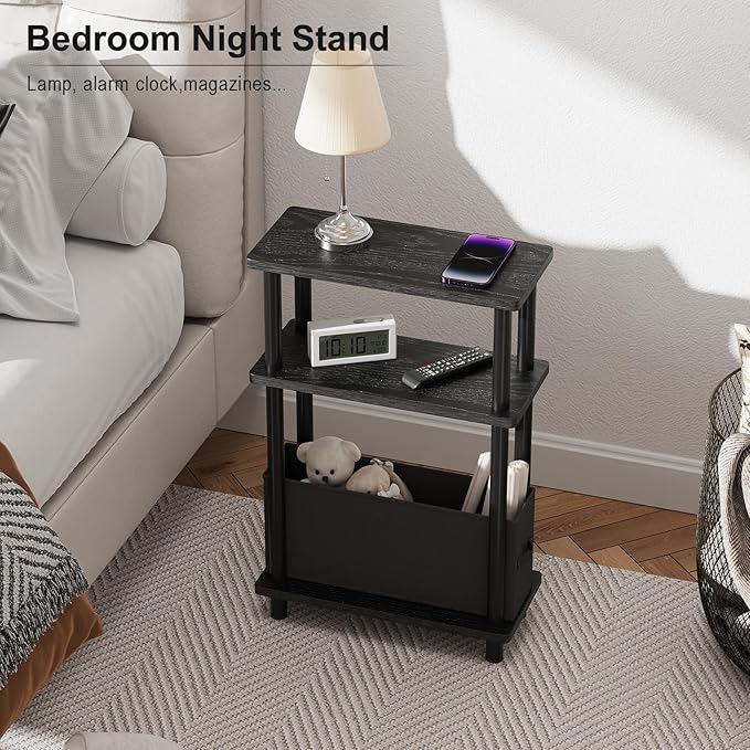 Apicizon Small Narrow Side Table, 3-Tier Skinny End Table withFabric Basket, Slim Nightstand Bedside Table for Small Spaces, Living Room, Bderoom, Black