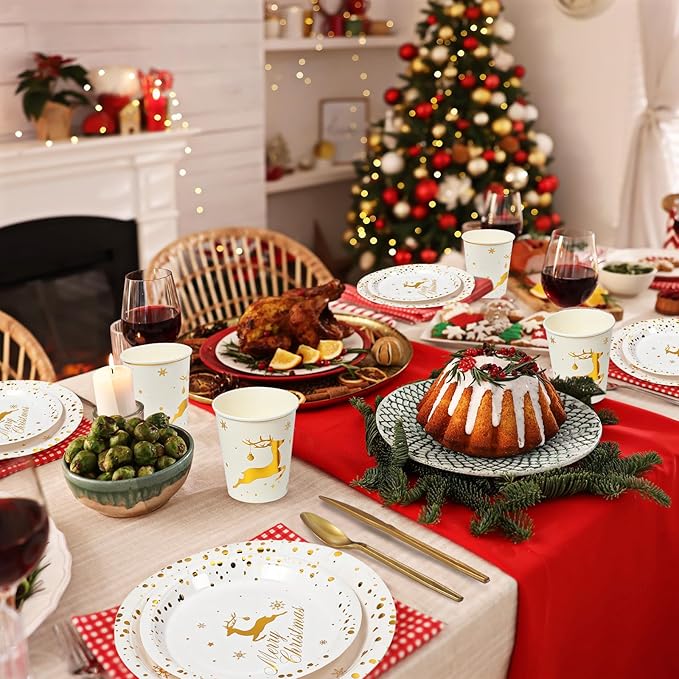 175 Pcs Merry Christmas Party Dinnerware Foil Dots Christmas Paper Plates Set Elk Disposable Xmas Plates Napkins Cups for New Year Wedding Birthday Baby Shower Party Supplies (White Gold)