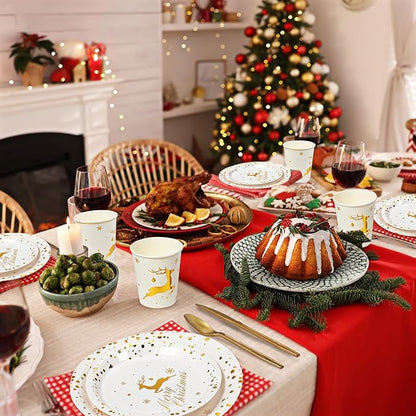 175 Pcs Merry Christmas Party Dinnerware Foil Dots Christmas Paper Plates Set Elk Disposable Xmas Plates Napkins Cups for New Year Wedding Birthday Baby Shower Party Supplies (White Gold)