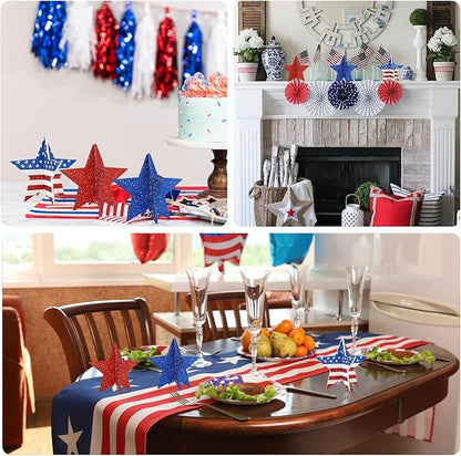 COCHIE 6 Inch Labor Day Decorations Wooden Stars Set, 3D Glitter Star Memorial Day Tiered Tray Decor, 4th of July Red White Blue Patriotic Decoration for Home Table Desk Door Shelf (Flag Style)
