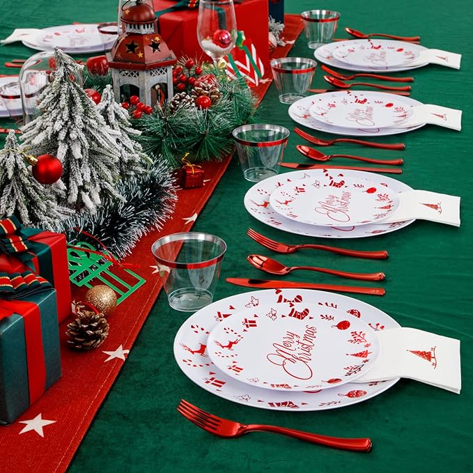 Liacere 175PCS Red and White Disposable Christmas Plastic Plates - Include 25 Dessert Plate, 25 Dinner Plates, 25 Knives, 25 Spoons, 25 Forks, 25 Cups, 25 Napkins for Christmas Party