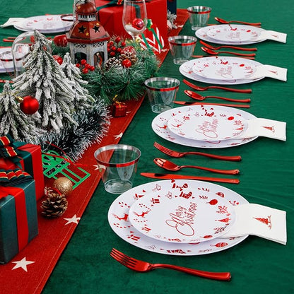 Liacere 175PCS Red and White Disposable Christmas Plastic Plates - Include 25 Dessert Plate, 25 Dinner Plates, 25 Knives, 25 Spoons, 25 Forks, 25 Cups, 25 Napkins for Christmas Party