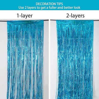 Melsan 2 Pack 3.2 ft x 8 ft Teal Tinsel Foil Fringe Curtains Backdrop, Blue Sparkle Metallic Foil Curtains for Ocean Birthday Party Decorations