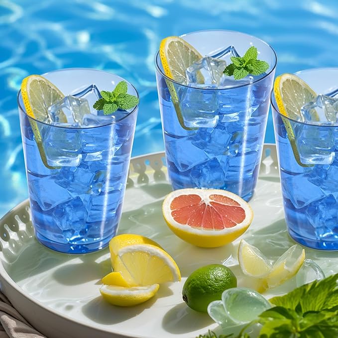 DaYammi 100 Pack Clear Blue Plastic Cups 10 Oz, Blue Cups for Party Disposable Wine Glasses Heavy Duty Disposable Tumblers Drinking Cocktail Glasses for Wedding Hanukkah Christmas