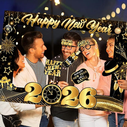 New Years Photo Booth Props 2026, Black Gold New Years Eve Photo Booth Props,Happy New Year Photo Frame, New Years Eve Party Supplies 2026 for New Year Eve Celebratory Party Favor