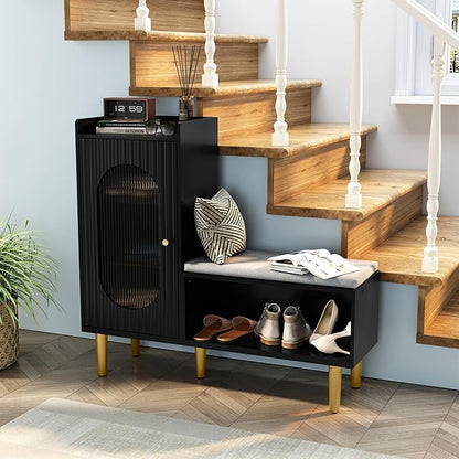 HLR Storage Bench with Glass Door&Shelf, Modern Entryway Shoe Cabinet Bench with Padded Seat, L-Shaped Storage Cabinet for Hallway, Bedroom, Living Room, Office, Black