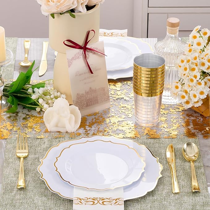 350 PCS Gold Disposable Plates, Scalloped Dinnerware Set for 50 Guests, 100 Plastic Plates, 150 Silverware, 50 Cups & 50 Paper Napkins, Gold