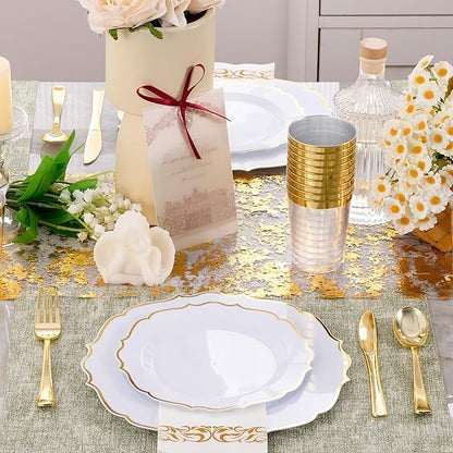 350 PCS Gold Disposable Plates, Scalloped Dinnerware Set for 50 Guests, 100 Plastic Plates, 150 Silverware, 50 Cups & 50 Paper Napkins, Gold