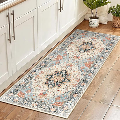 Area Rugs 2'x6' Runner Rug Non Slip Washable for Kitchen Hallway Bedroom Beside Laundry Room Bathroom Rug, Floor Carpet, Beige Navy Blue Orange Colorful