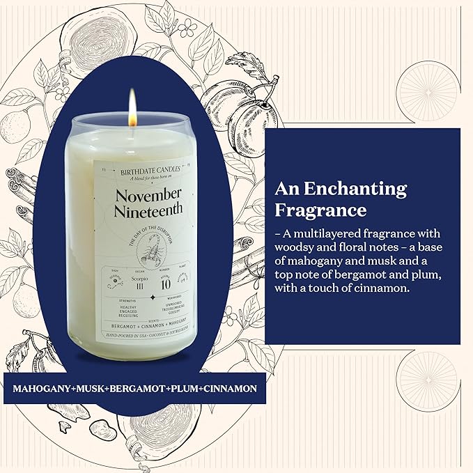 Birthdate Candles, November 19 - Scorpio Zodiac Scented Candles Birthday Gift - Bergamot, Cinnamon & Mahogany Scent - All-Natural Soy & Coconut Wax, 60-80 Hour Burn Time - Made in USA