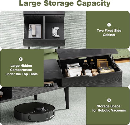 OLIXIS Wood Lift Top Coffee Table with Hidden Compartment and Large Storage Shelf, Lift Tabletop Dining Center Table for Home Living Room Office, Black
